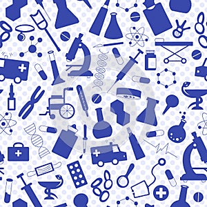 Seamless illustration with hand drawn icons on a theme medicine and health, a blue silhouettes of icons on the background of polk