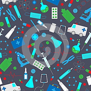 Seamless illustration with hand drawn icons on a theme medicine and health, the colored icons on grey background