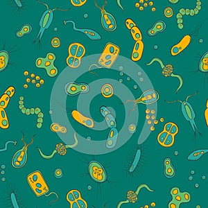 Seamless illustration with images of bacteria, germs and viruses on a green background