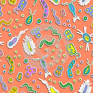 Seamless illustration with images of bacteria, germs and viruses on a orange background