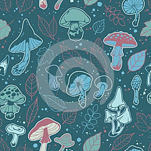 seamless illustration mushrooms and plant