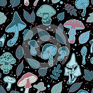 seamless illustration mushrooms and plant leaves