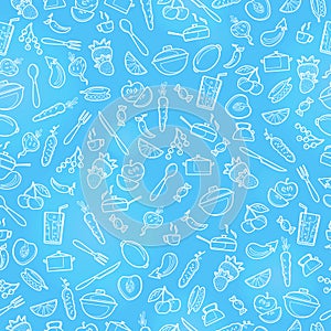 Seamless illustration with outline icons on a theme kitchen accessories and food , a light outline on a blue background