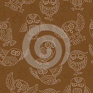 Seamless illustration with owls , contour drawings on brown background