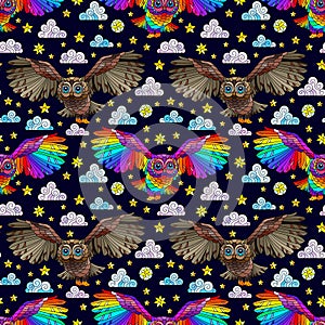 Seamless illustration with owls, stars and clouds on a dark dark background