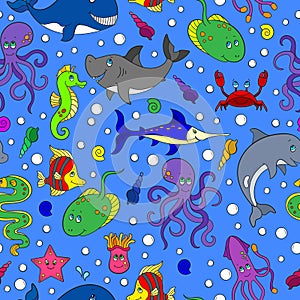 Seamless illustration  with sea creatures, funny cartoon animals on blue background