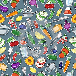 Seamless illustration with simple icons on a theme kitchen accessories and food , color icon on a grey background