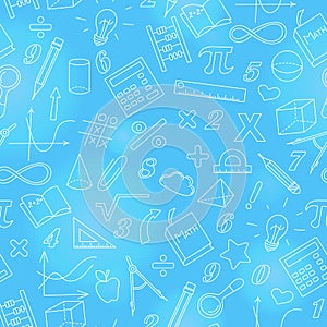 Seamless illustration with simple icons on the theme of mathematics and learning , bright outline on a blue background