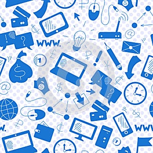 Seamless illustration on a theme business on the Internet and information technology ,a blue silhouettes of icons on the backgrou