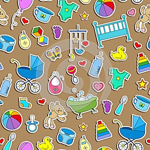 Seamless illustration on the theme of childhood and newborn babies, baby accessories and toys, simple color stickers icons on brow