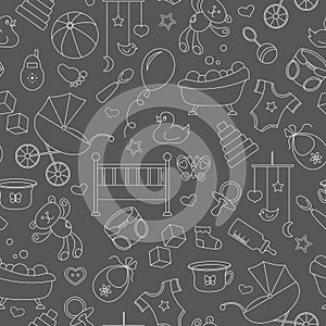 Seamless illustration on the theme of childhood and newborn babies, baby accessories and toys, simple contour icons, white contour