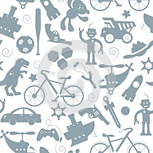 Seamless illustration on the theme of childhood and toys, toys for boys, grey silhouettes icons on a white background