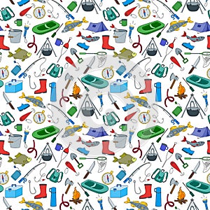 Seamless illustration on the theme of fishing, a simple hand-drawn icons on a white background