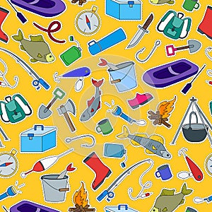Seamless illustration on the theme of fishing, a simple hand-drawn patch icons on yellow background