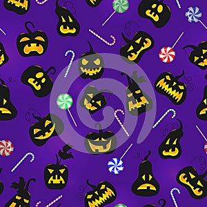 Seamless illustration on the theme of Halloween, pumpkins with faces and sweets on a dark purple background