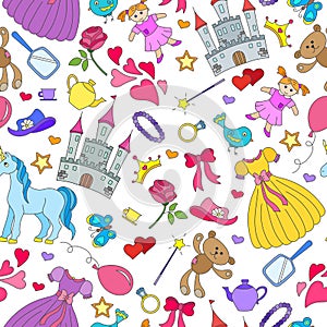 Seamless illustration on the theme of Hobbies baby girls, and toys icons on white background