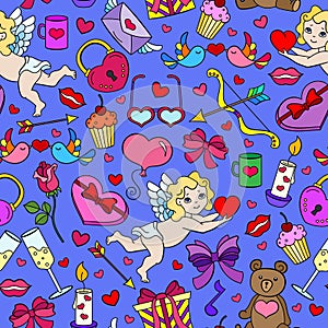 Seamless illustration on the theme of the holiday Valentine`s Day, bright cartoon icons on a blue background