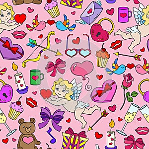 Seamless illustration on the theme of the holiday Valentine`s Day, bright cartoon icons on a pink background