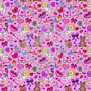 Seamless illustration  on the theme of the holiday Valentine`s Day, bright cartoon icons on a pink background