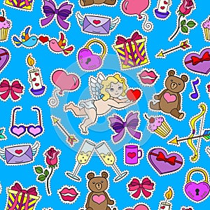 Seamless illustration on the theme of the holiday Valentine`s Day, bright cartoon patch icons on a blue background