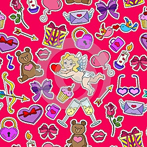 Seamless illustration  on the theme of the holiday Valentine`s Day, bright cartoon patch icons on a pink background