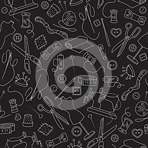 Seamless illustration on the theme of needlework and sewing , simple outline icons on a dark background