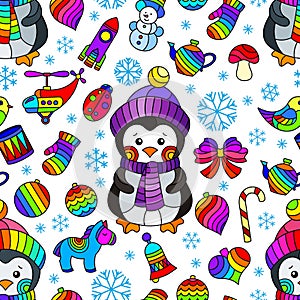 Seamless illustration with on the theme of New year and Christmas, bright Christmas tree toys, penguins and snowflakes on a white