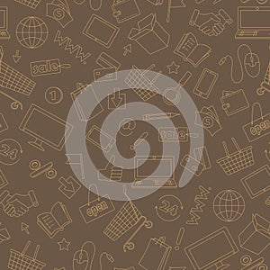 Seamless illustration on the theme of online shopping and Internet shops, beige contour icons on brown background