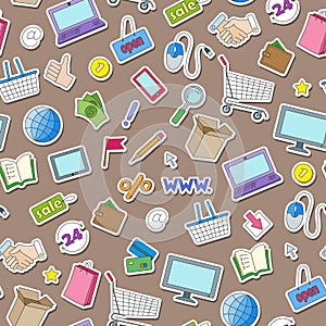 Seamless illustration on the theme of online shopping and Internet shops, colorful stickers icons on brown background