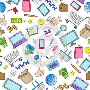 Seamless illustration on the theme of online shopping and Internet stores, the colored icons on white background