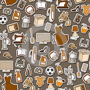 Seamless illustration  on a theme of products and shopping, simple sticker icons, monochrome patches icons on a brown background