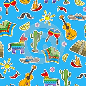 Seamless illustration on the theme of recreation in the country of Mexico, colorful patches icons on blue background