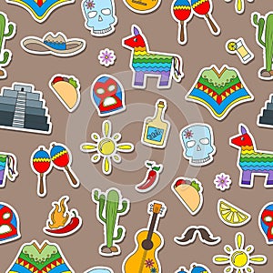 Seamless illustration on the theme of recreation in the country of Mexico, colorful stickers icons on brown background