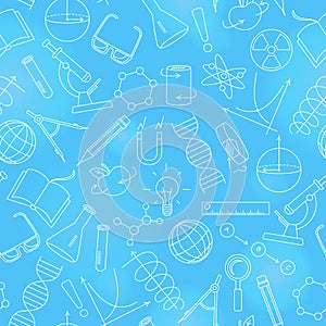 Seamless illustration on the theme of science and inventions, diagrams, charts, and equipment, a light contour icons on blue back