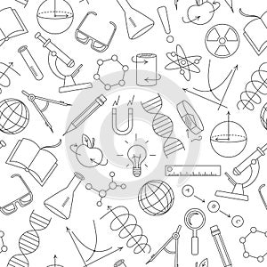 Seamless illustration on the theme of science and inventions, diagrams, charts, and equipment, simple contour icons on white back