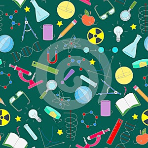 Seamless illustration on the theme of science and inventions, diagrams, charts, and equipment, simple icons on dark green backgrou