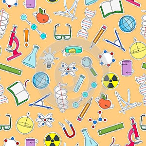 Seamless illustration on the theme of science and inventions, diagrams, charts, and equipment, simple patch icons on orange backgr