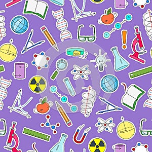 Seamless illustration on the theme of science and inventions, diagrams, charts, and equipment, simple patch icons on purple backgr