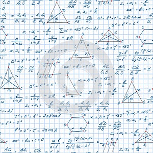 Seamless illustration on the theme of the subject of geometry , formulas, and graphs theorems on the notebook sheet in a cage