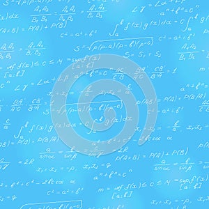 Seamless illustration on the theme of the subject of mathematics, formulas, theorems , light characters on a blue background