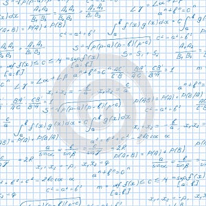 Seamless illustration on the theme of the subject of mathematics, formulas theorems on the notebook sheet in a cage