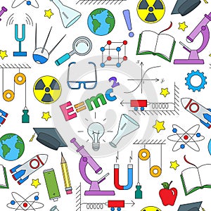 Seamless illustration on the theme of the subject of physics education, simple colored icons on white background