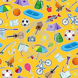 Seamless illustration on the theme of summer camp and vacation icons patches on a orange background