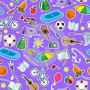 Seamless illustration on the theme of summer camp and vacation icons patches on purple background