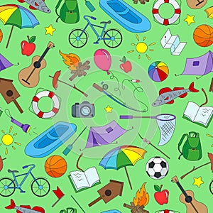 Seamless illustration on the theme of summer camp, and vacation simple icons on green background