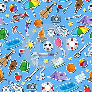 Seamless illustration on the theme of summer camp and vacations, icons stickers on blue background