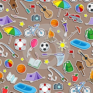 Seamless illustration on the theme of summer camp and vacations, icons stickers on brown background