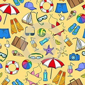 Seamless illustration on the theme of summer holidays in hot countries, simple color icons on yellow background
