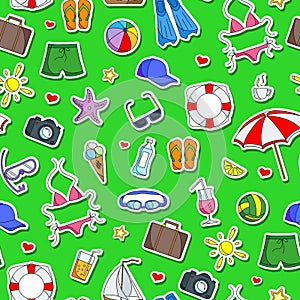 Seamless illustration on the theme of summer holidays in hot countries, simple Colored icons stickers on a green background