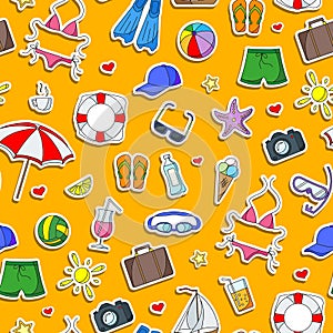 Seamless illustration on the theme of summer holidays in hot countries, simple Colored icons stickers on a orange background